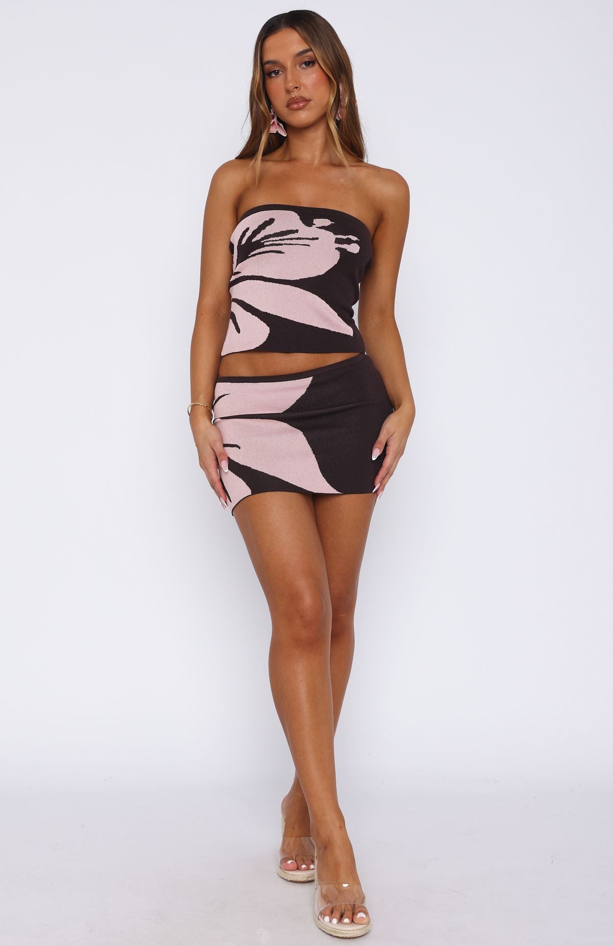 In Bloom Knit Mini Skirt Choc/Blush Floral - Image 5