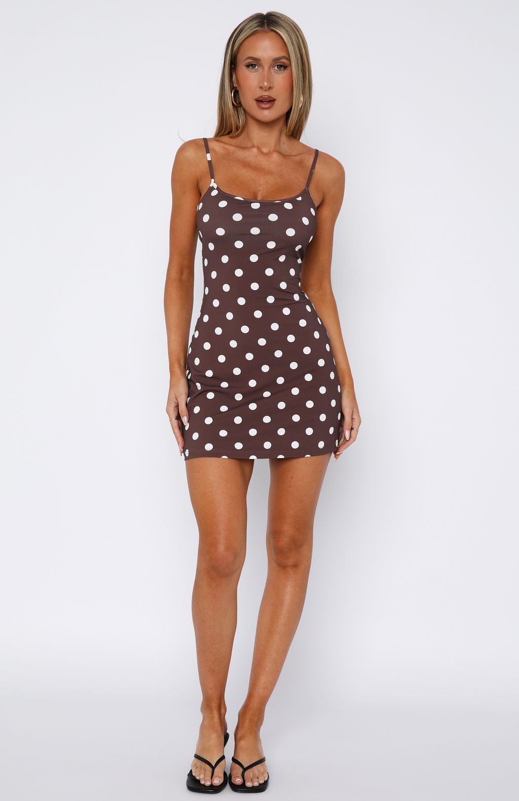 Maybe Later Mini Dress Choc/Cream Polka Dot - Image 6